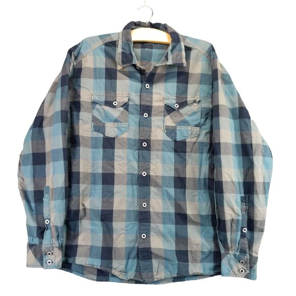 Ascend Size Mens L Blue Gray Plaid Button Up Long Sleeve Shirt Front Flap Pocket - Picture 1 of 12